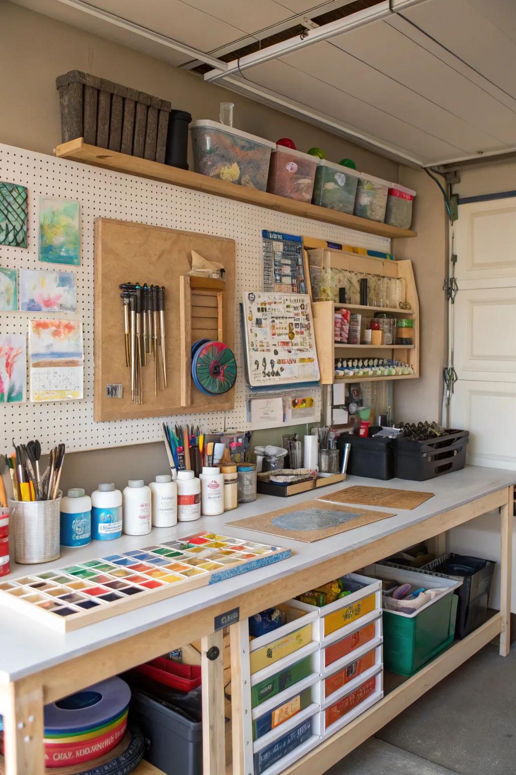 A hobby corner inspires creativity in your garage.