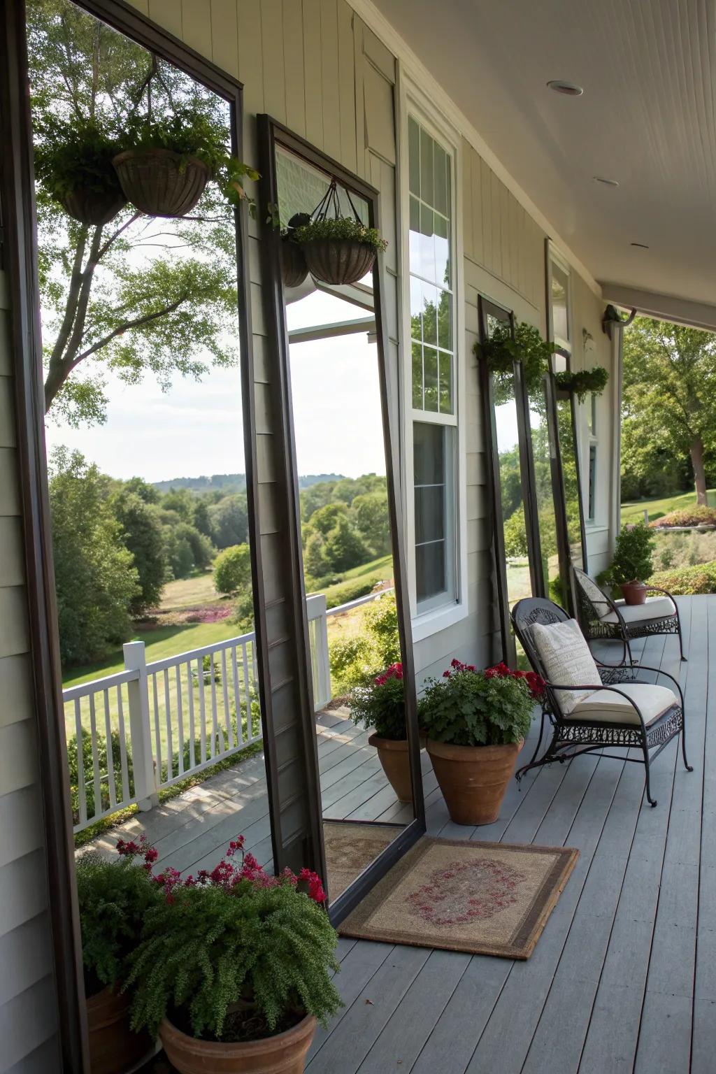 Mirrors enhancing space and light on the porch.