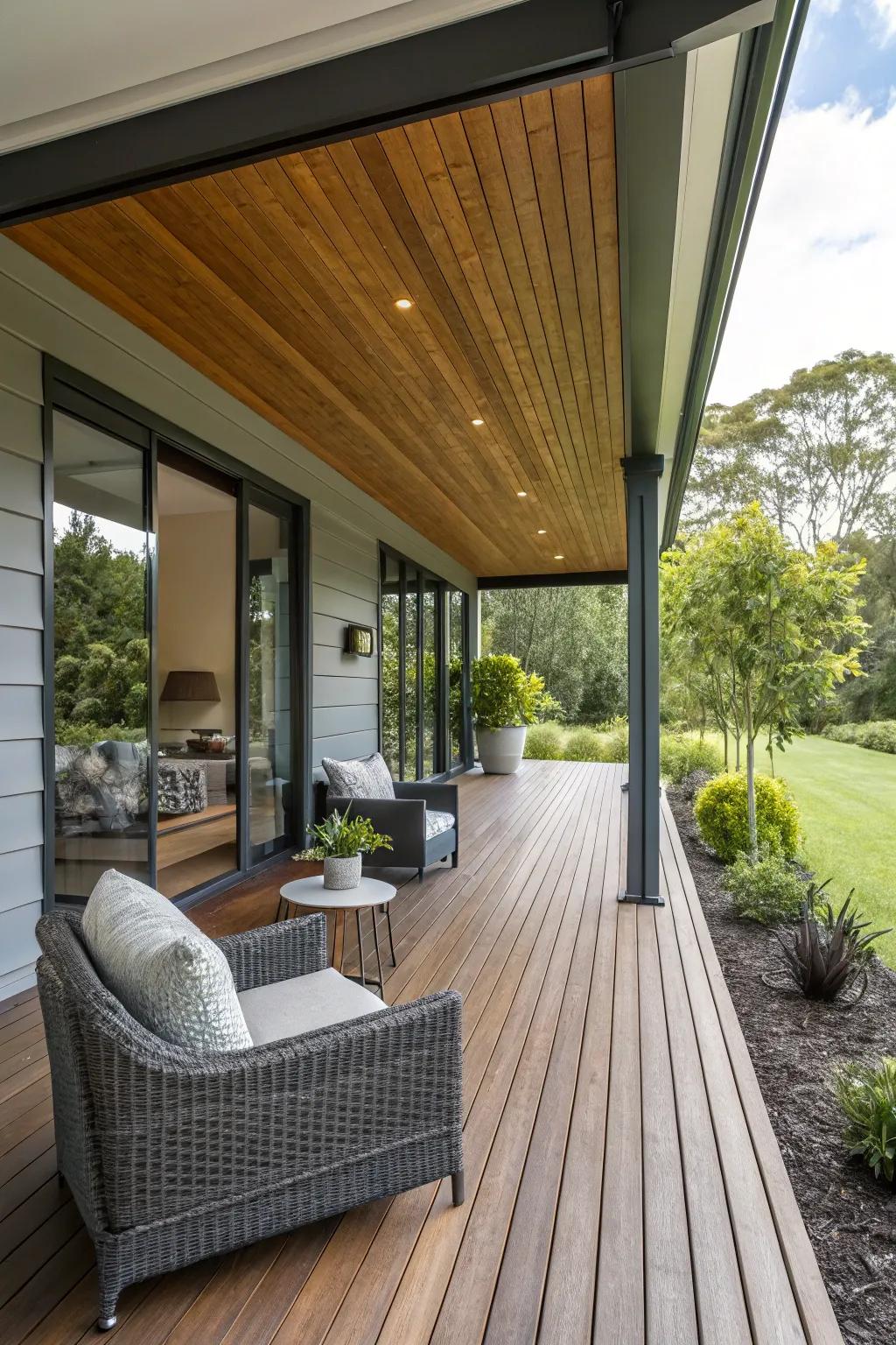 Sustainable materials add an eco-friendly touch to a modern porch.