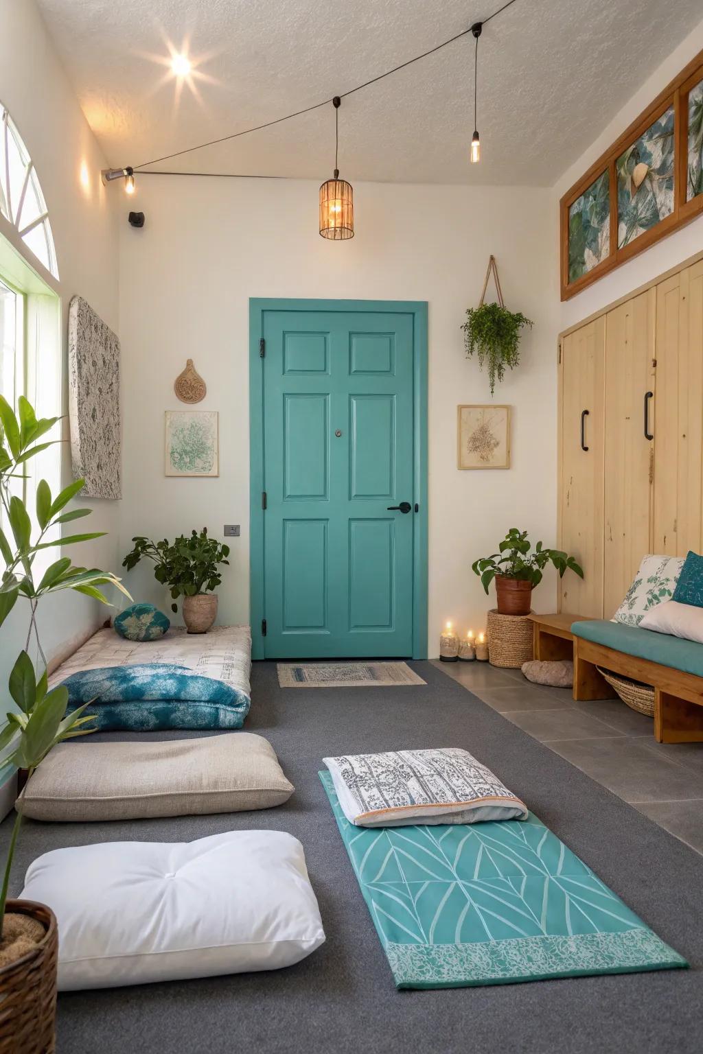 A turquoise 6-panel door imparts tranquility to this peaceful meditation space.