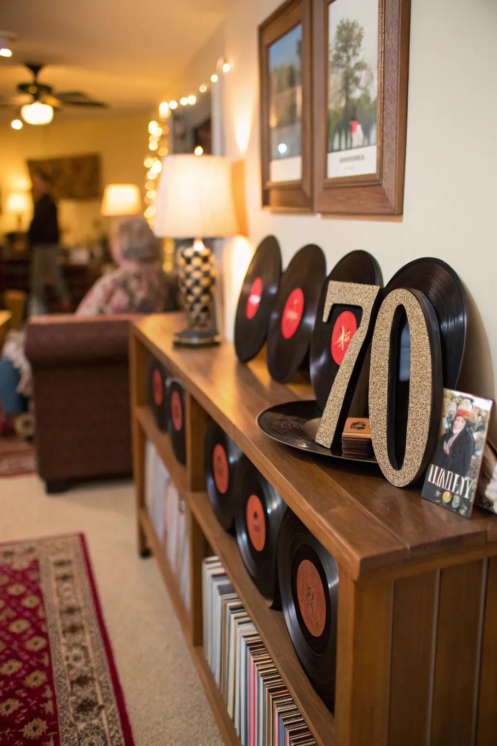 Vintage vinyl adds a nostalgic touch to the decor.