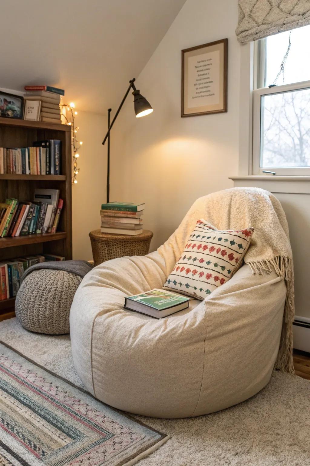A comforting reading corner invites her to escape into stories and adventures.