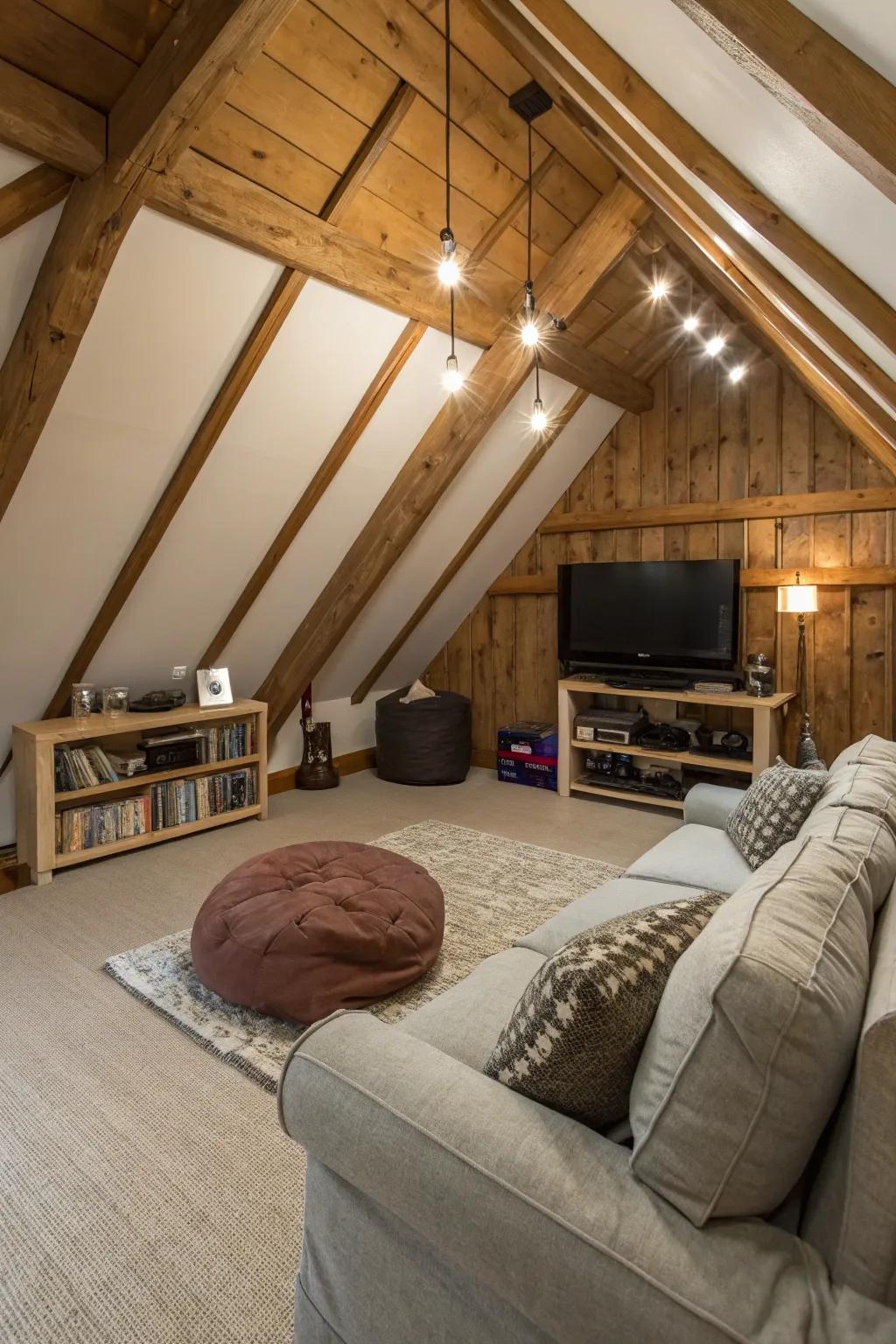 Forge a comfortable entertainment zone for movie evenings within your attic.