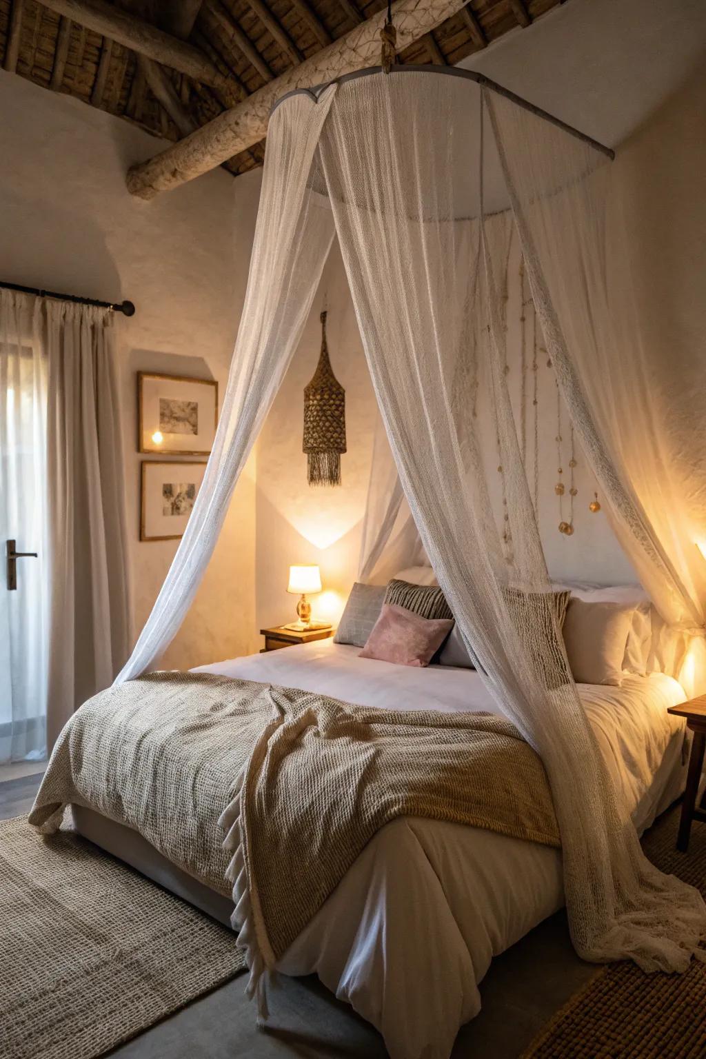 A fabric canopy adds a dreamy touch to the bedroom.