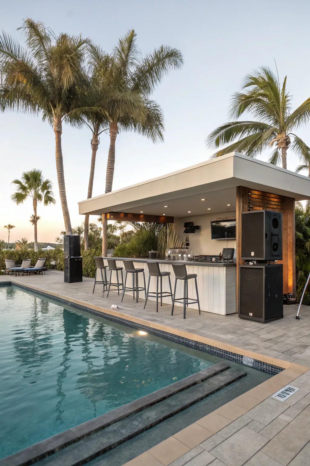 An audio setup elevates the entertainment value of your poolside bar.