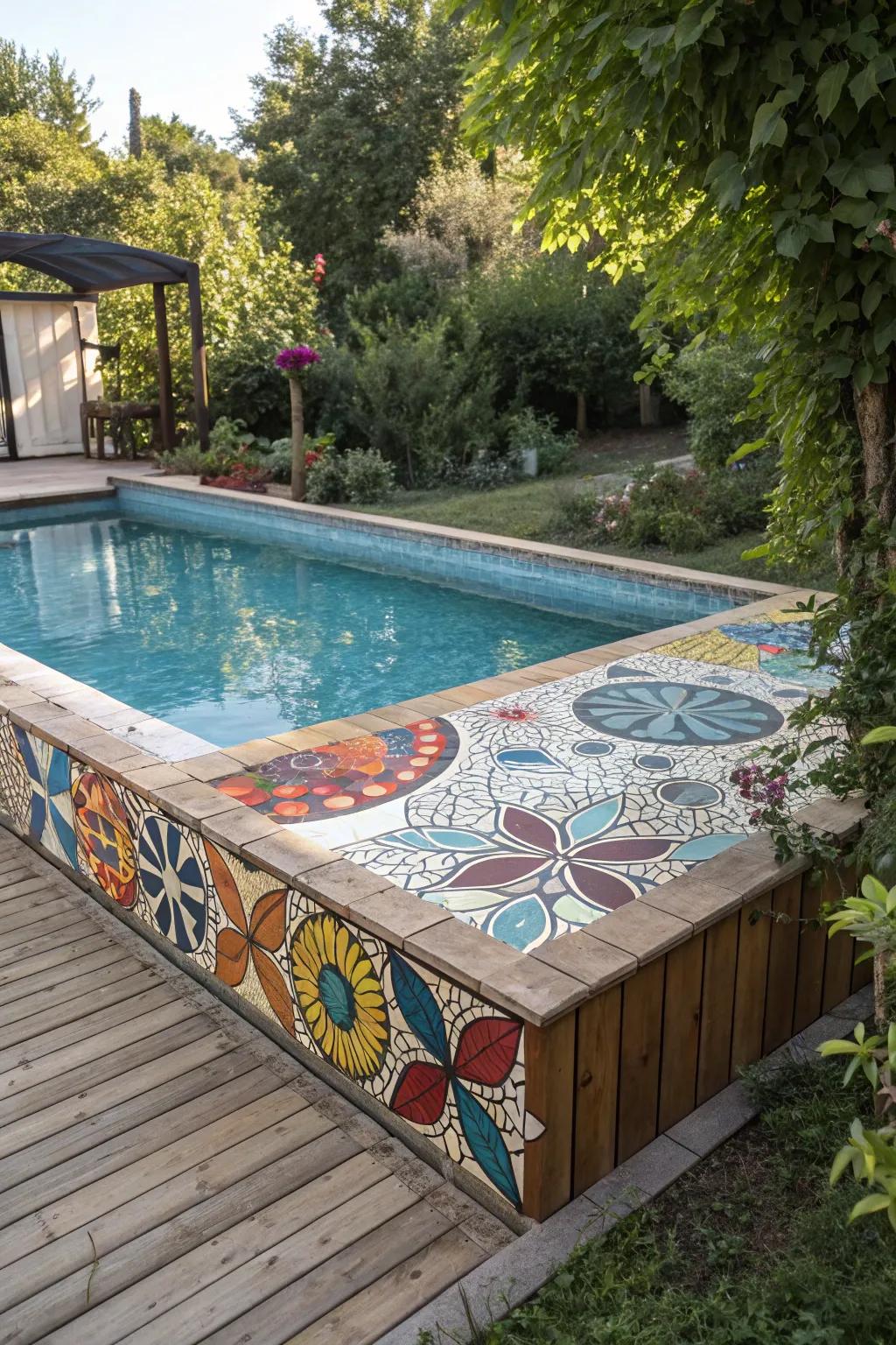 Vibrant tiles inject artistic flair into your pool deck.