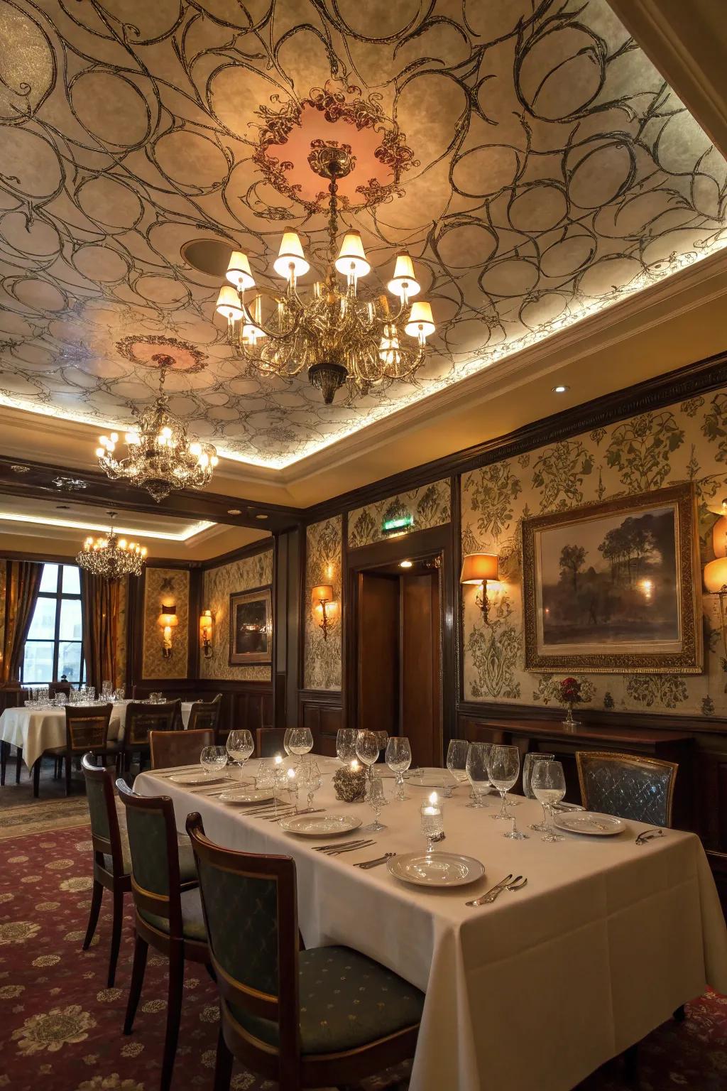 Dramatic ceiling wallpaper adds unexpected flair to a dining room.