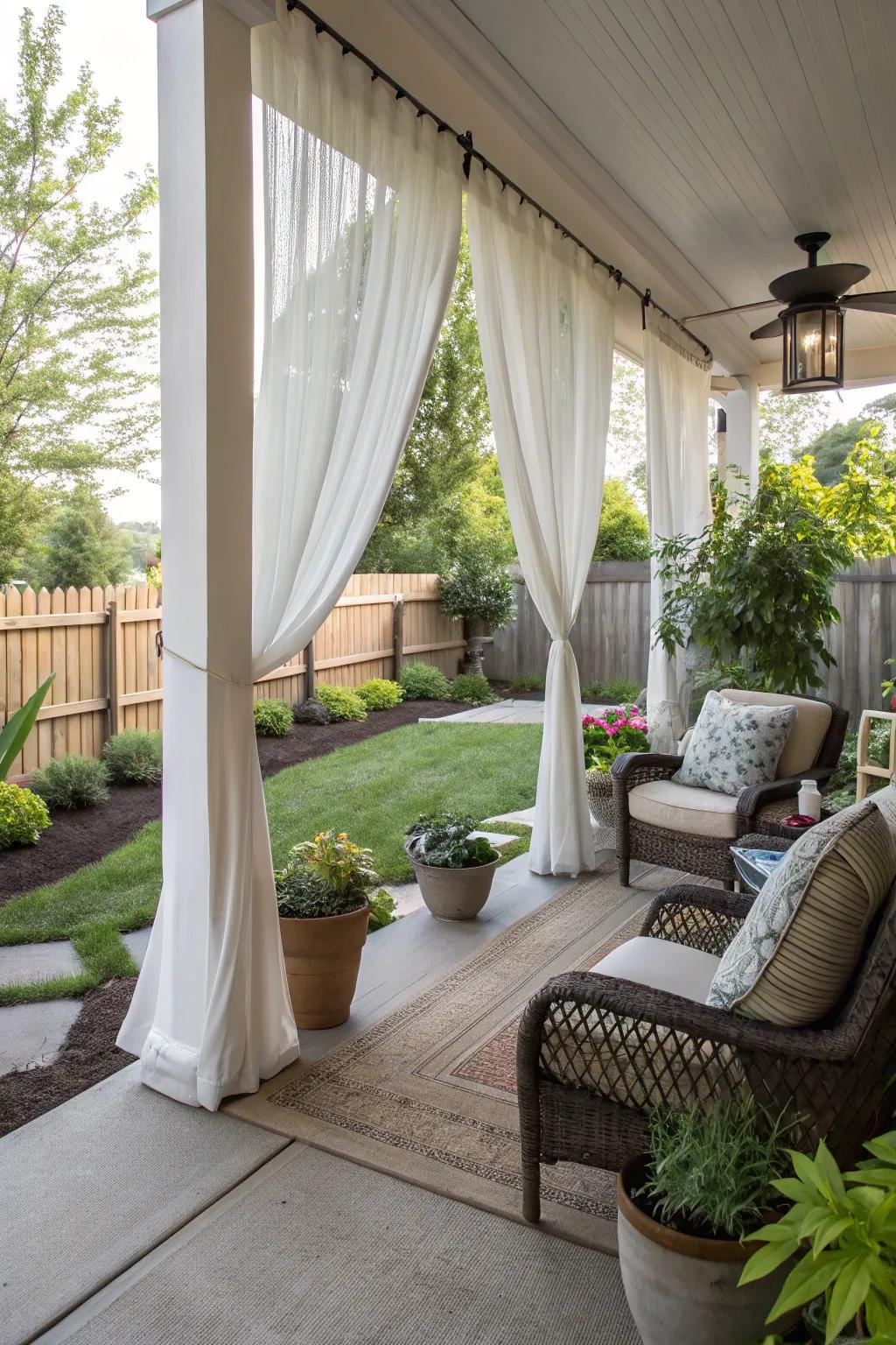 A porch with elegant outdoor weaves for privacy.