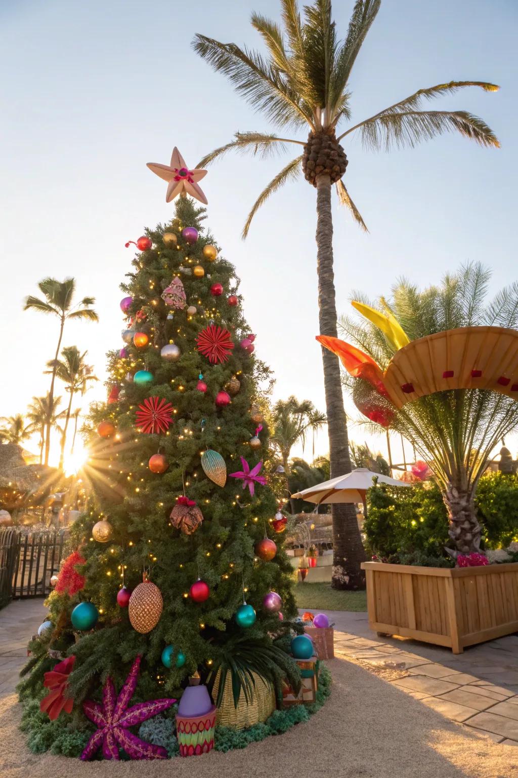 A tropical-themed Christmas tree featuring vibrant and exotic ornaments.