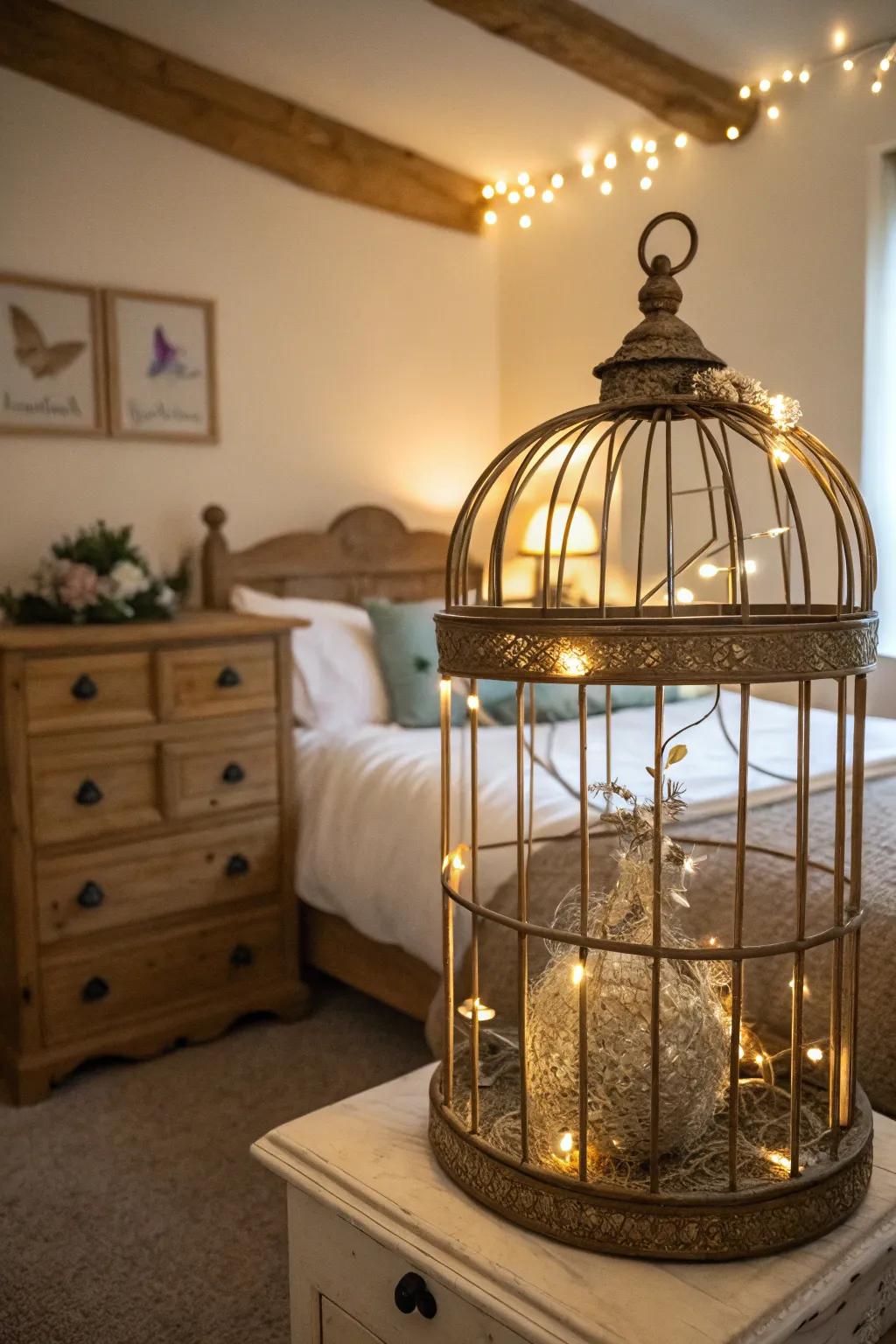 Repurpose design with a light-filled birdcage.