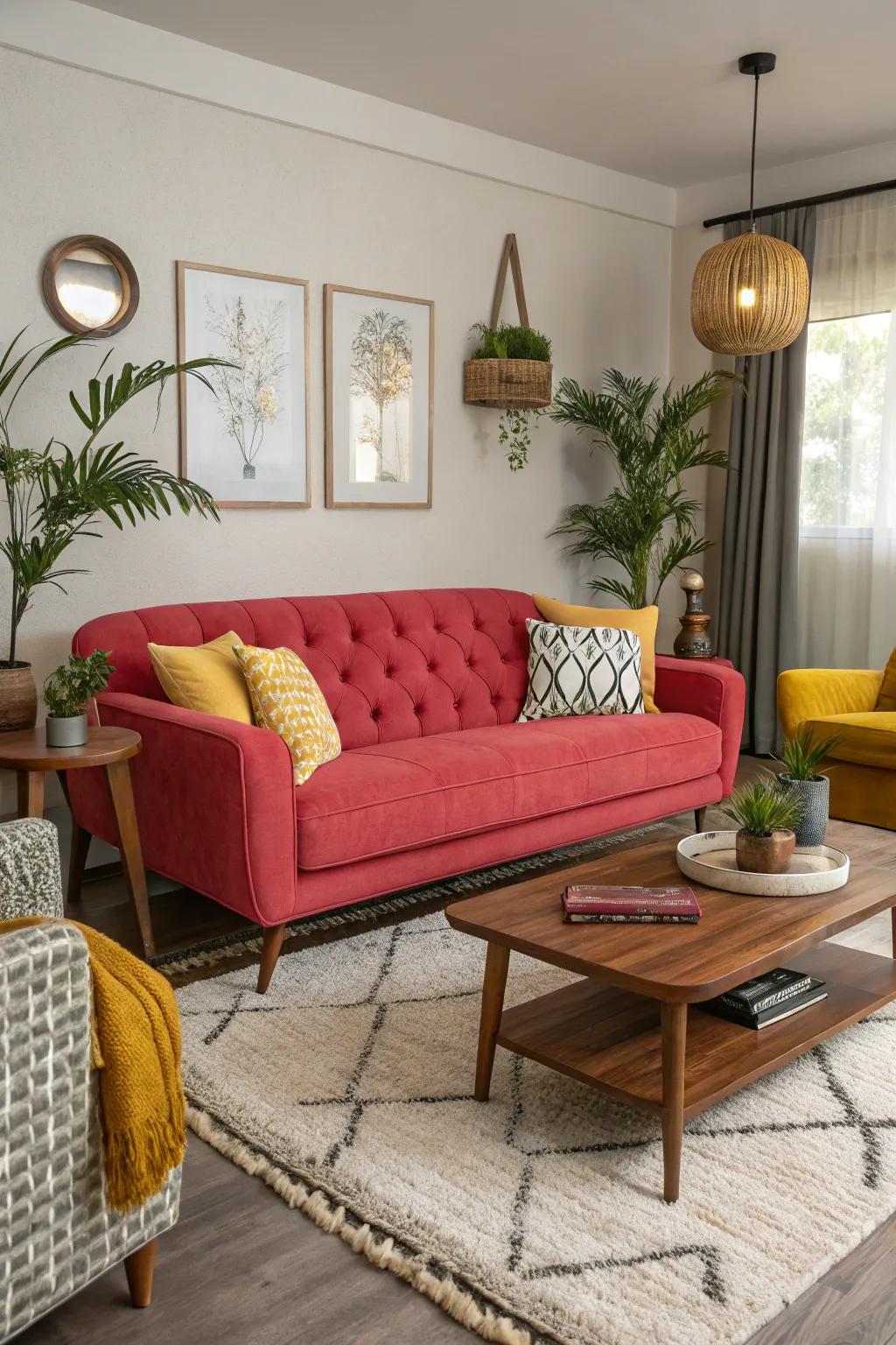 A living area defined by a striking sofa.