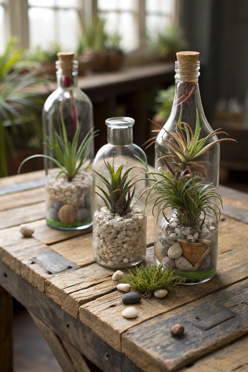 Charming air plant displays from upcycled glass bottles.