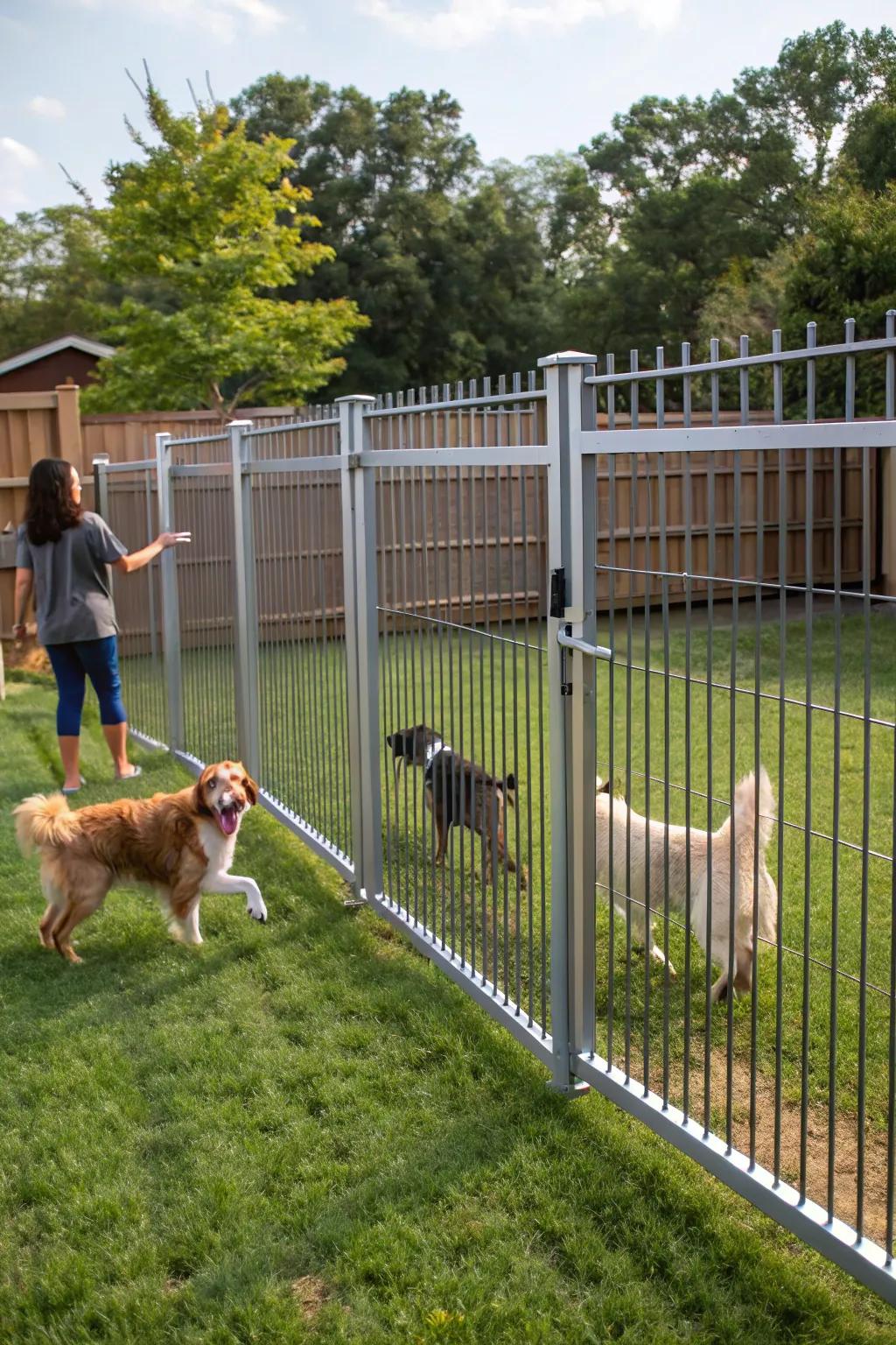 Sleek metal fences keep pets safe and secure.