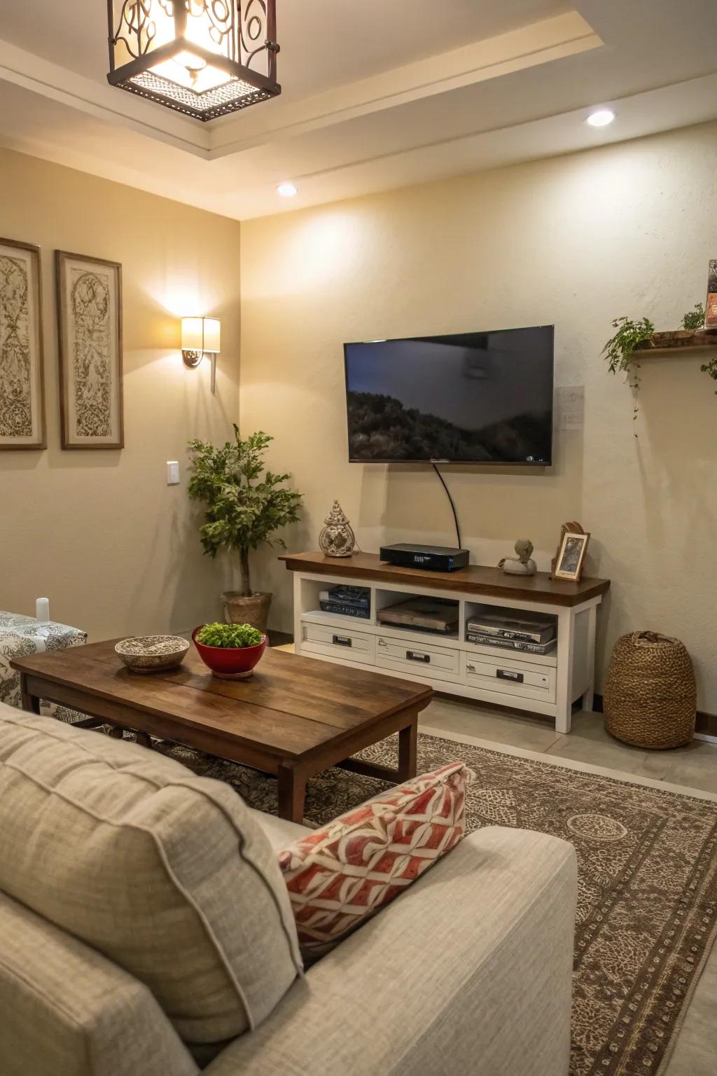 A tv on the wall opens up space in the living room.