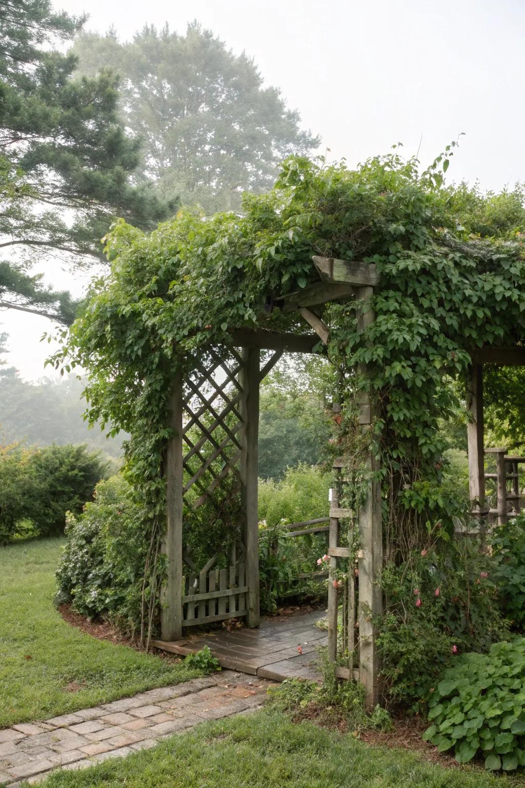 An intimate garden spot highlighted by a privacy screen arbor.