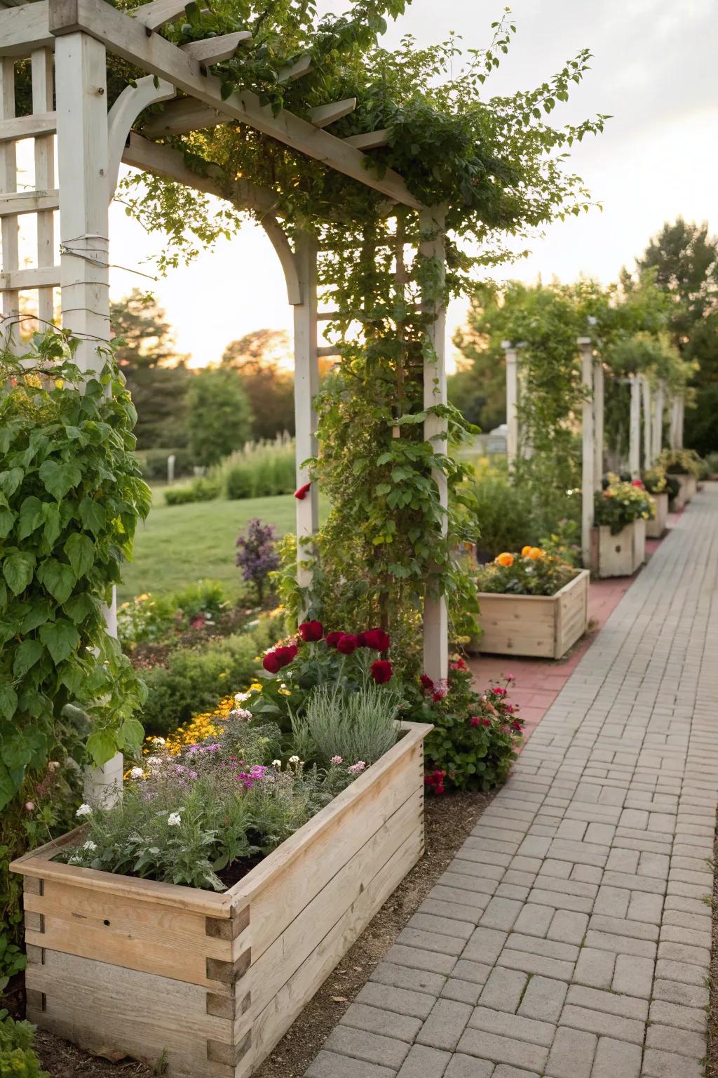 Planter boxes on an arbor add functionality and floral beauty.