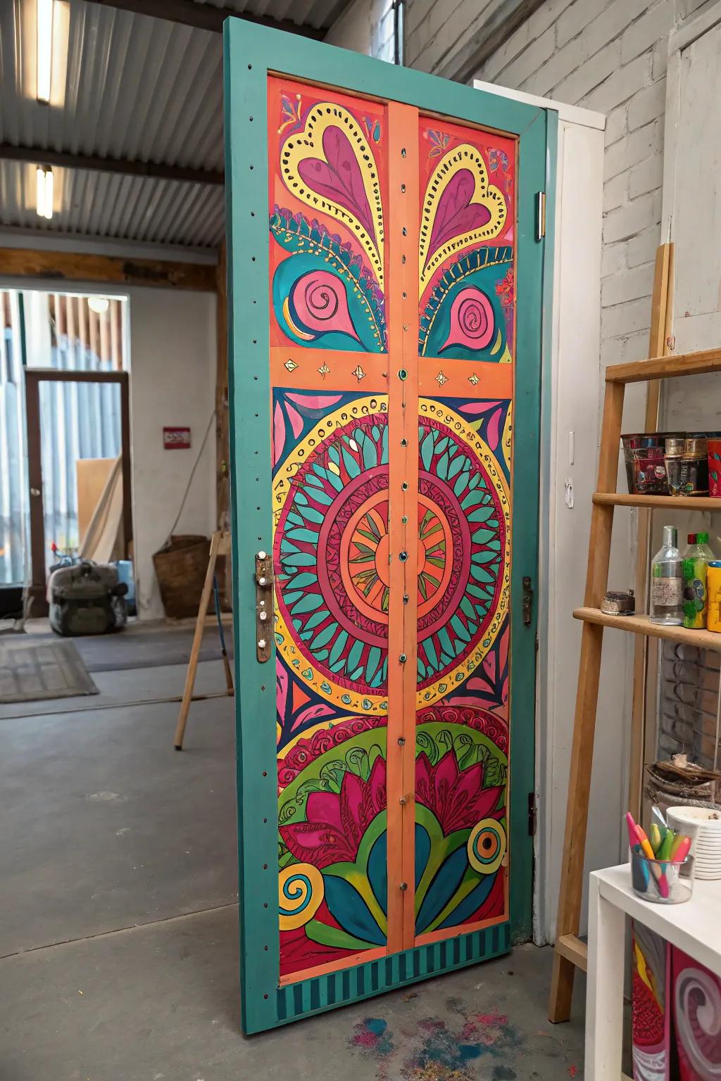 A free-spirit-themed door, delivering unique charm and creativity.