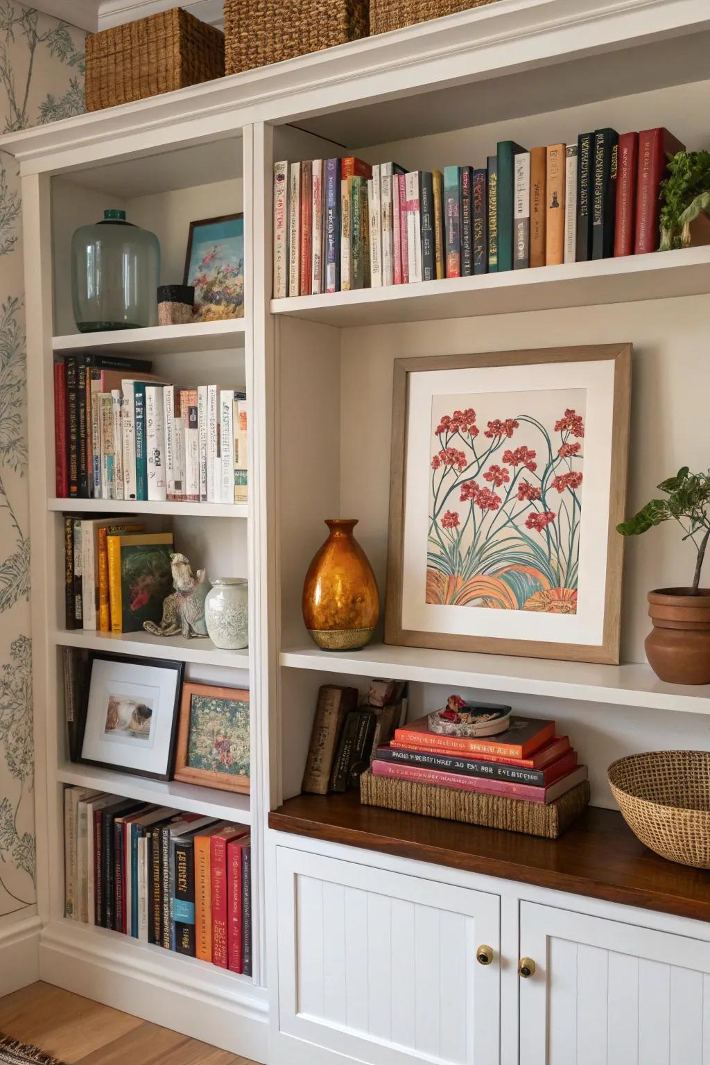 Art prints introducing allure to a stylishly arranged bookcase.