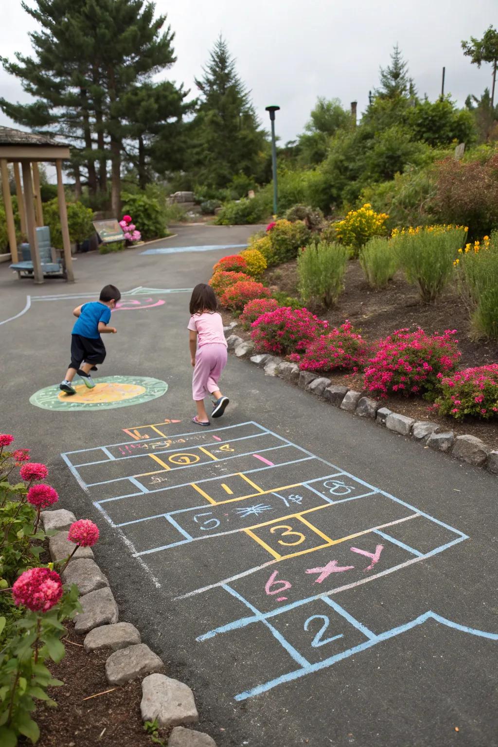 Painted games turn asphalt into a playful zone for kids.