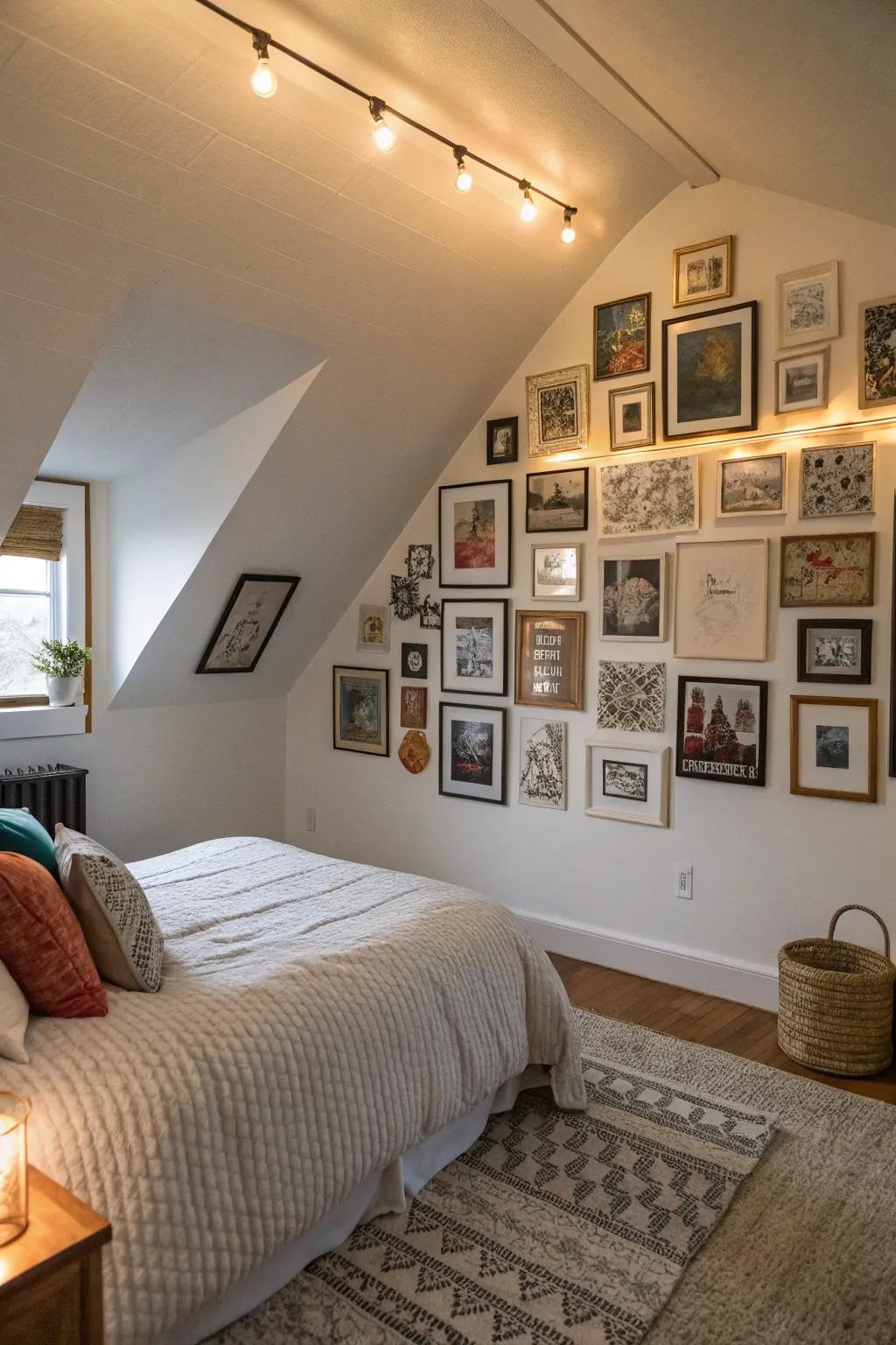 A gallery wall adds personality and interest to your attic bedroom.