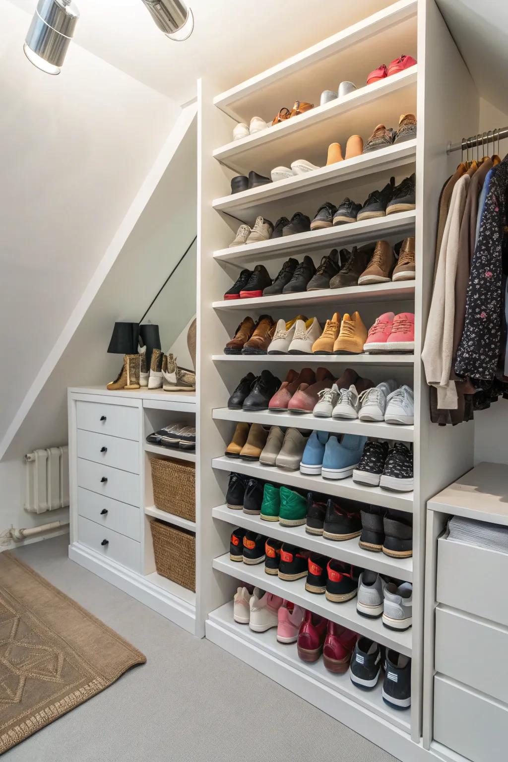 Multi-level racks maximize shoe storage efficiently.
