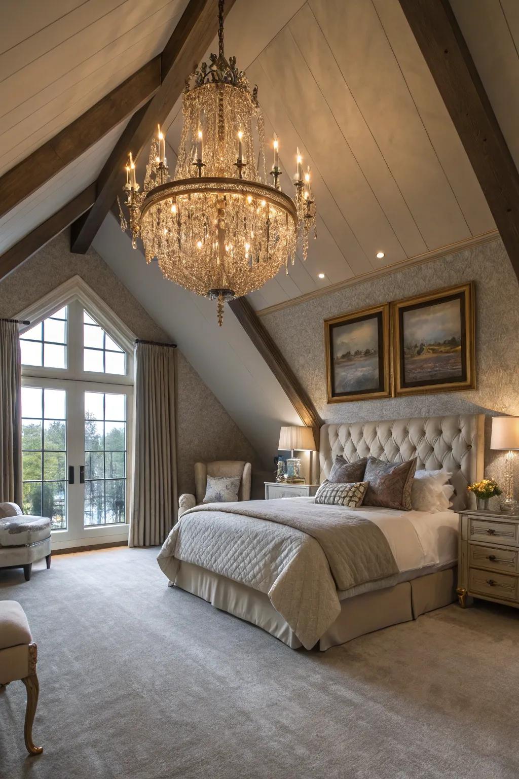 A fancy chandelier adds elegance and draws the eye.