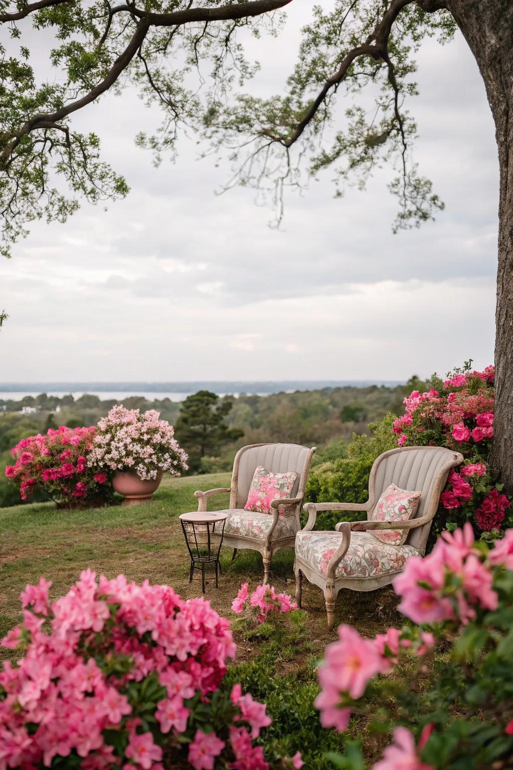 A romantic garden corner using garden jewels and classic seating.