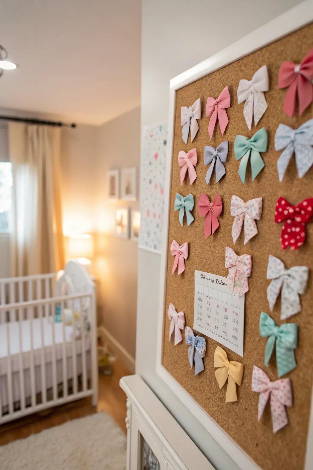Easygoing corkboard display for organizing baby bows.