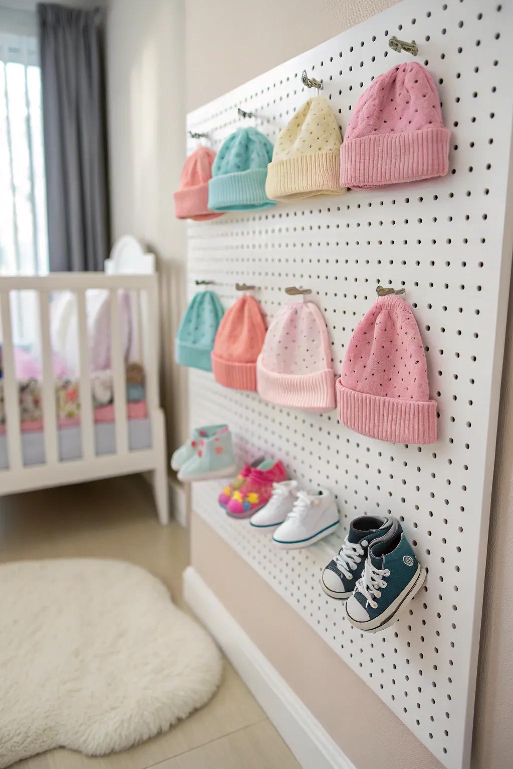 Pegboards are a creative way to organize and display baby accessories.