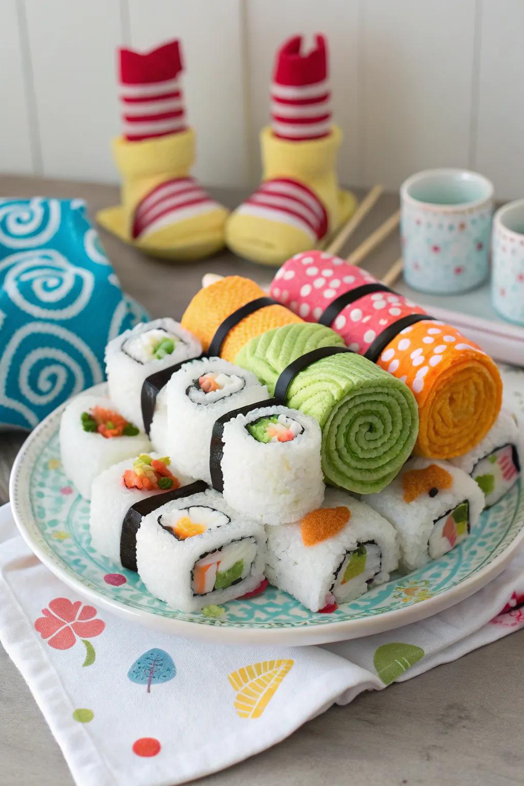 A playful diaper hand roll set to delight guests.