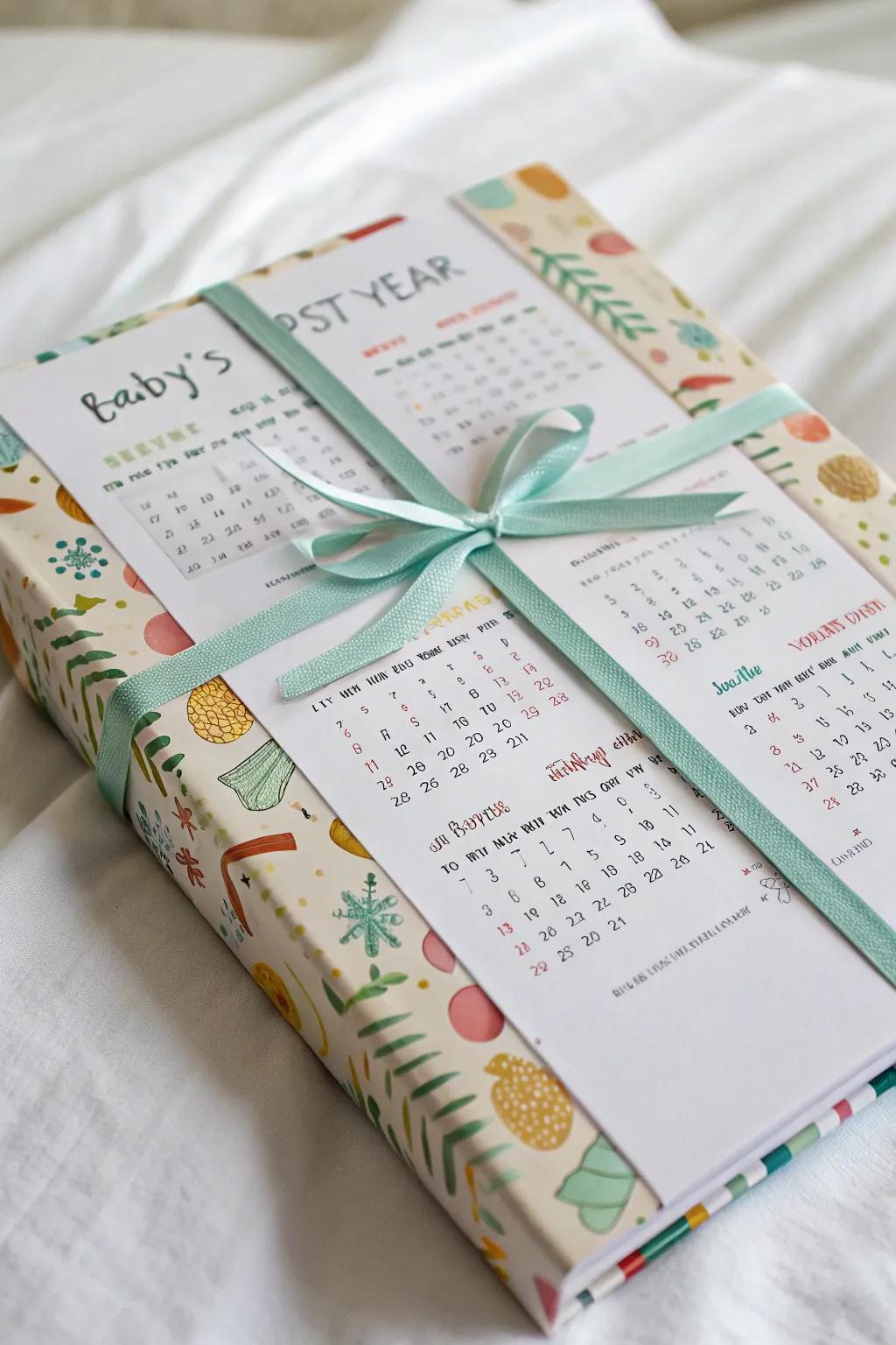 A thoughtful gift wrapped in a baby's initial year calendar, ideal for a shower.