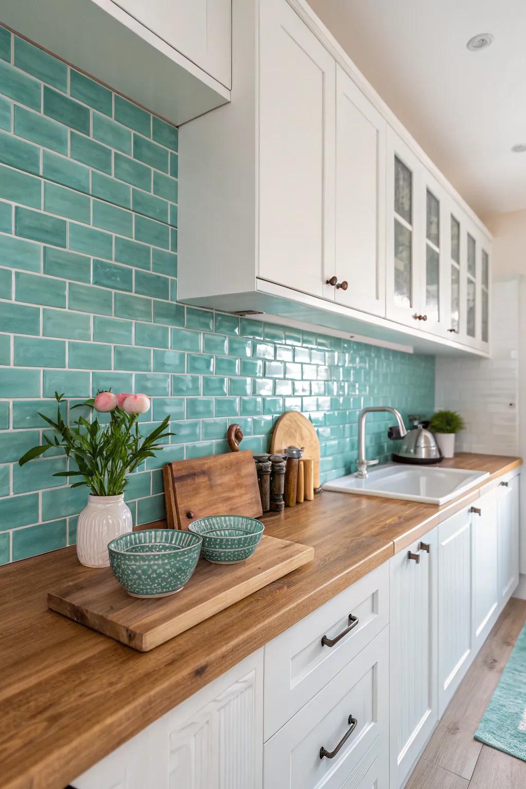 Serene vibes through a tranquil turquoise backsplash.
