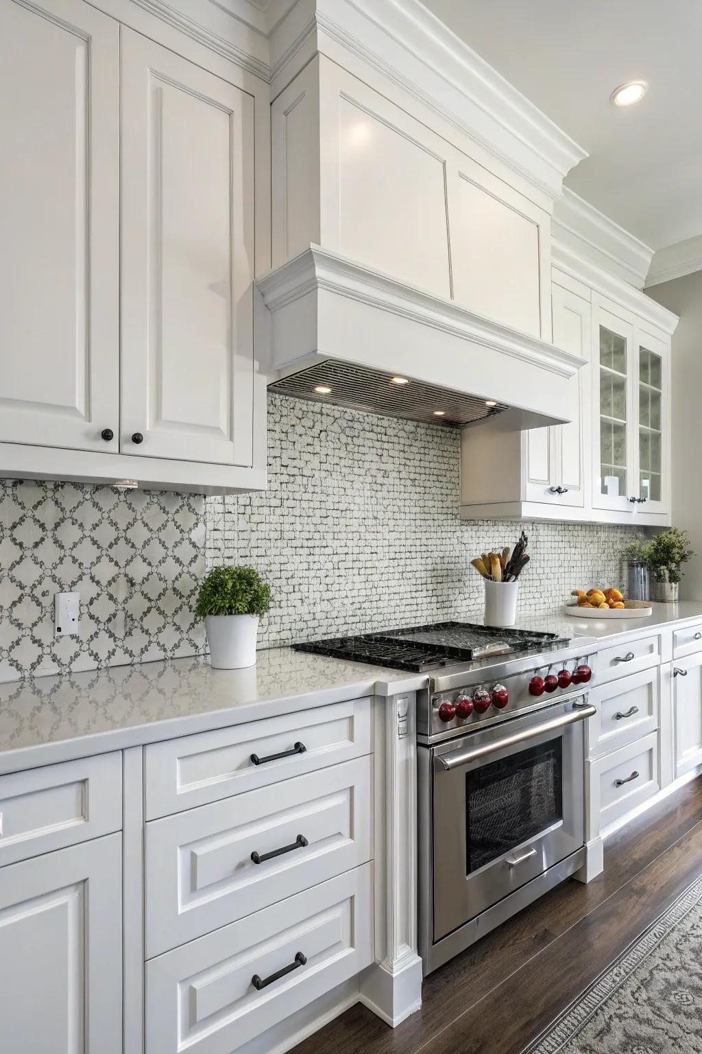 Monochromatic tiles offer a minimalist look in this white kitchen.