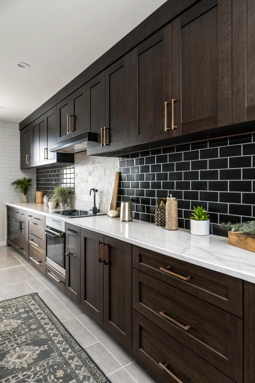 Sophisticated drama with black subway tiles.
