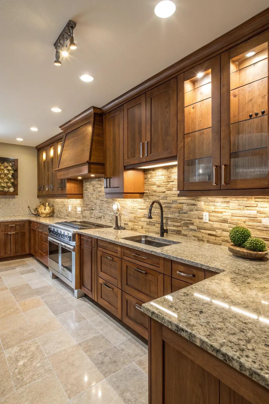 Wood accents give granite countertops warmth.
