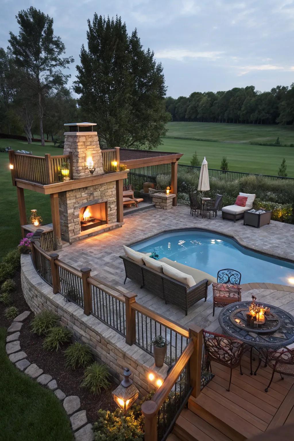An outdoor fireplace adds warmth and ambiance to your pool deck.