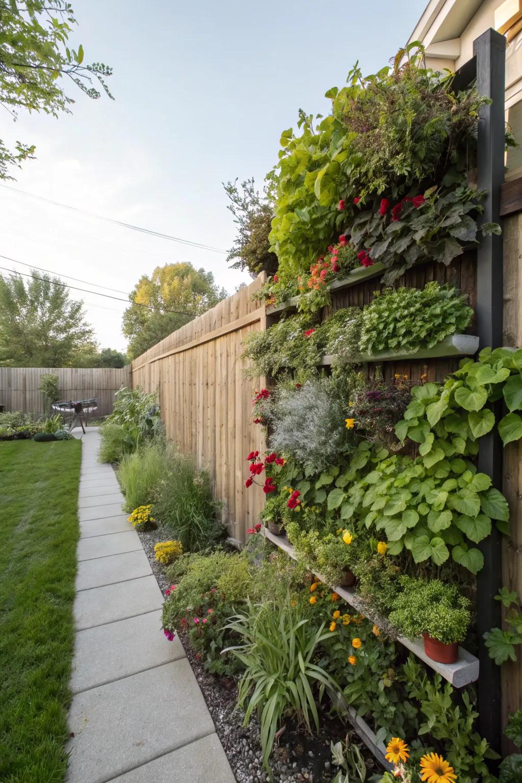A hanging botanical display gives presence and plant life to garden walls.