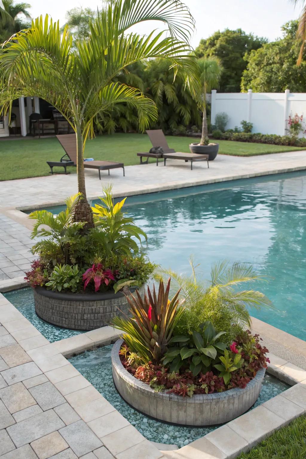 Drifting gardens append a magical, unexpected touch to the pool vicinity.