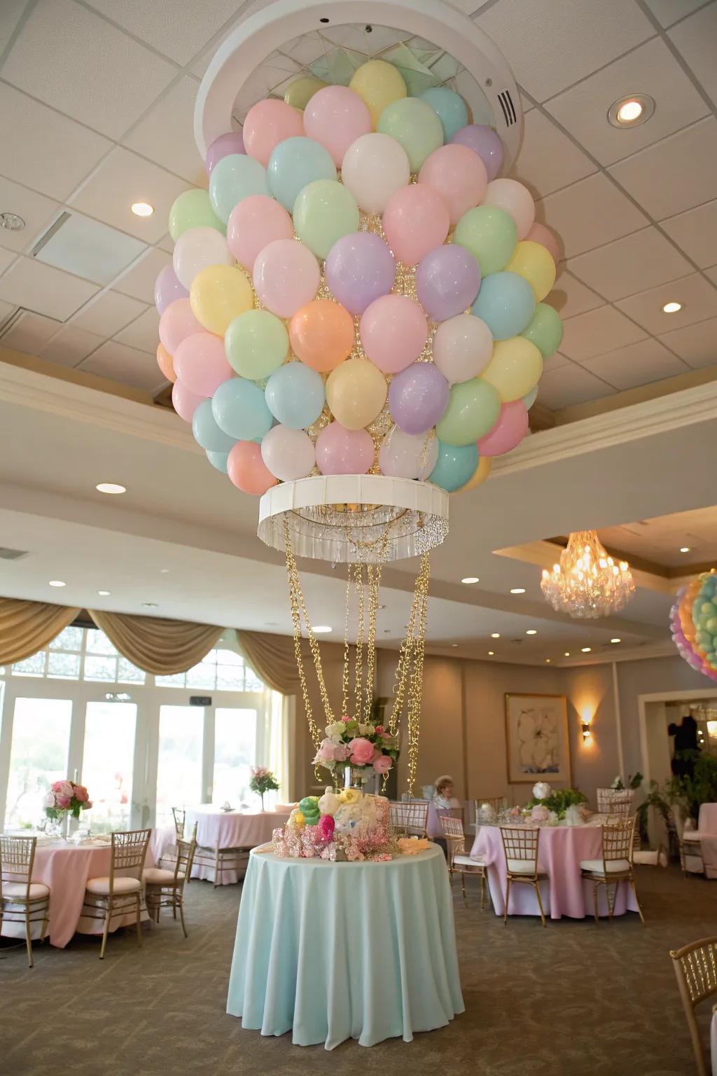 A drifting balloon light fixture introduces elegance to the decorations.