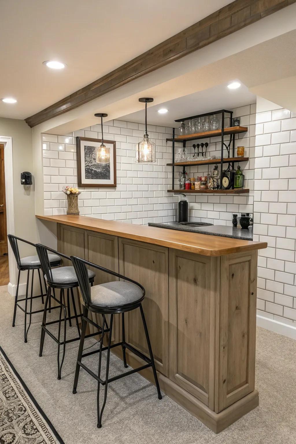 A home bar with a timeless block tile backsplash in neutral shades.