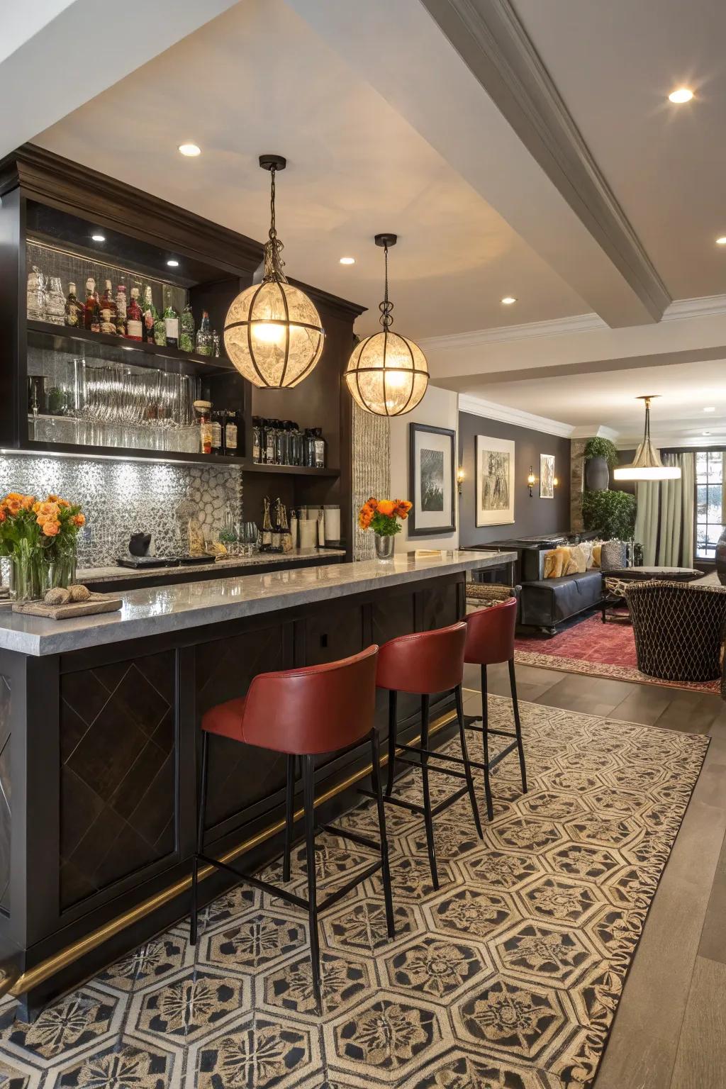 Striking floor covering patterns make a bold statement in your bar.