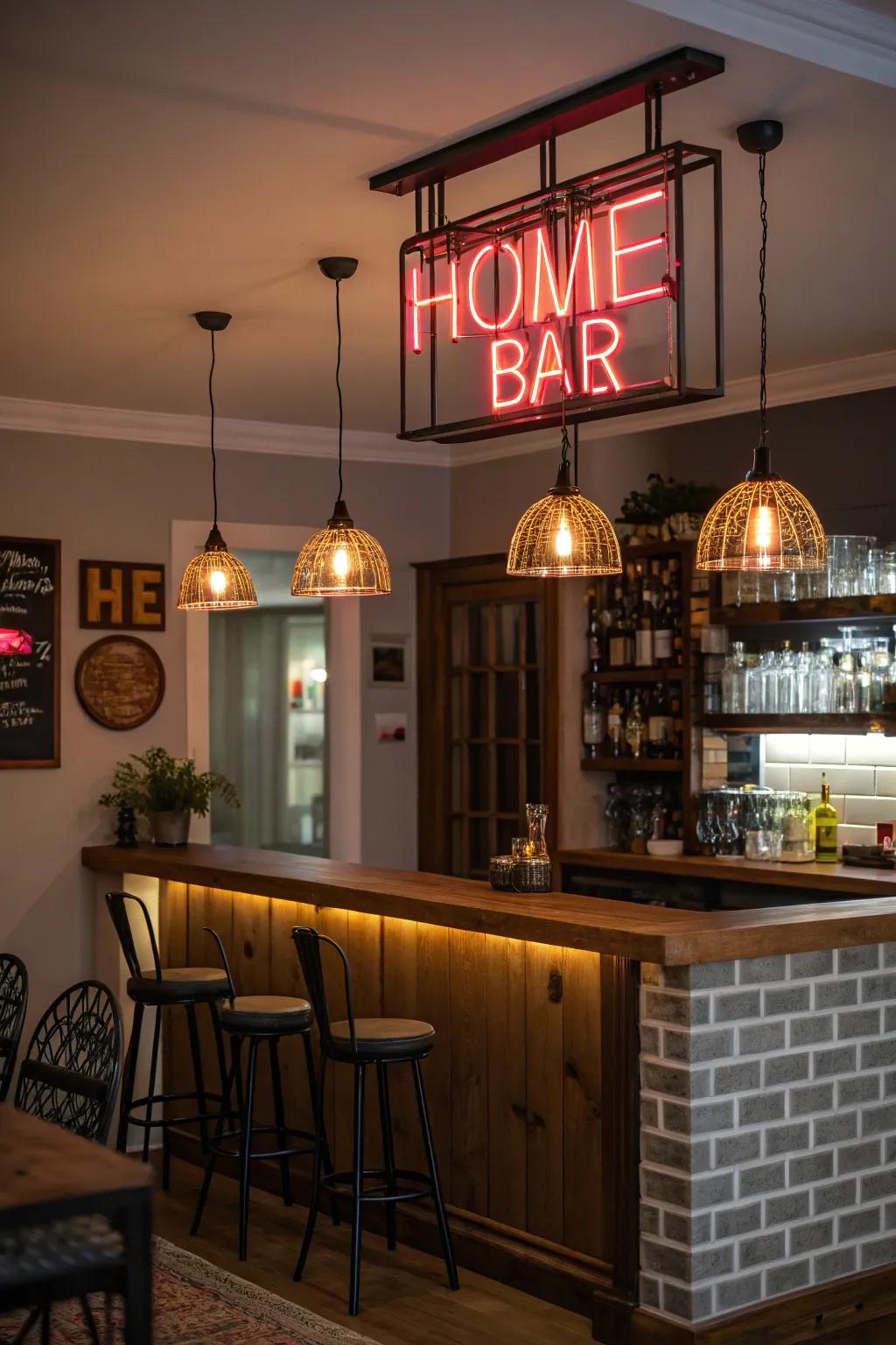 Unique lighting fixtures enhance ambiance and style.