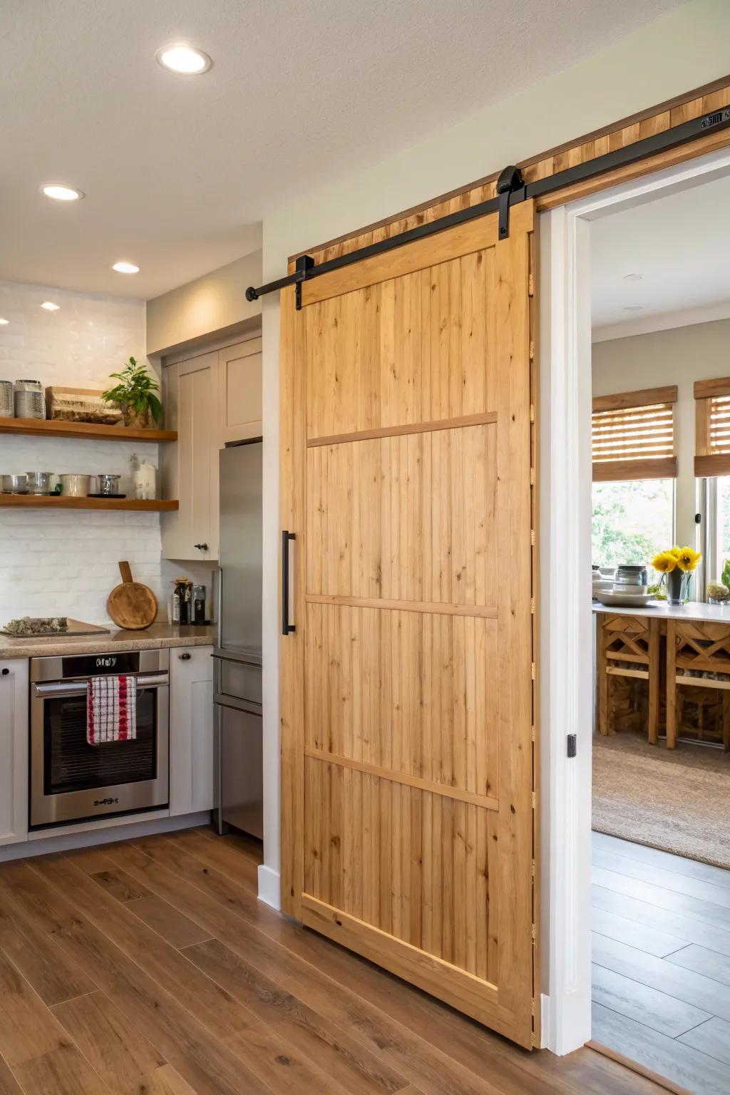 A kitchen featuring a sliding barn door pantry constructed from cured bamboo.