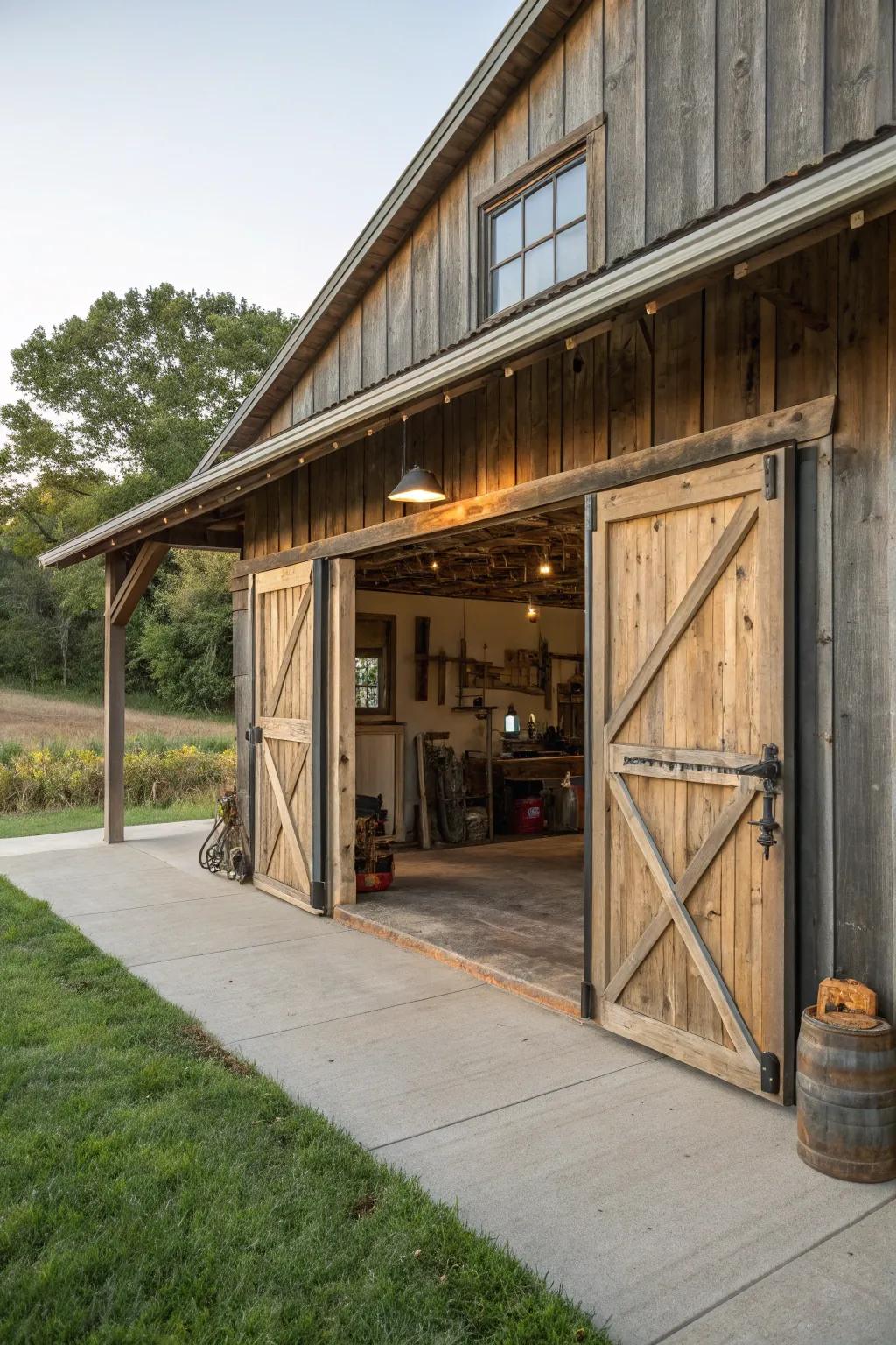 Barn doors add a country touch and save space in this barn garage.
