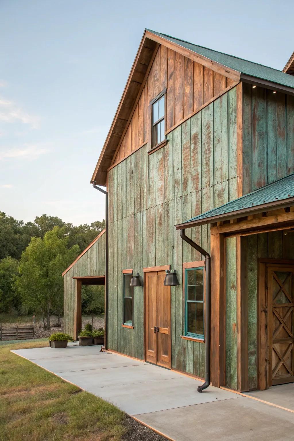 Weathered copper adds warmth and character to this facade.