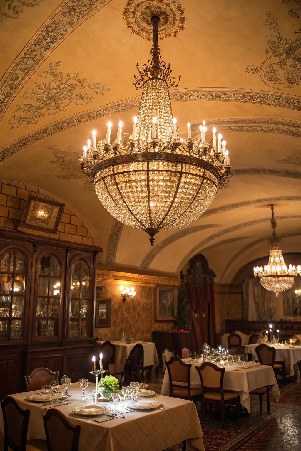 A vintage-inspired dining room with a glamorous vaulted ceiling.