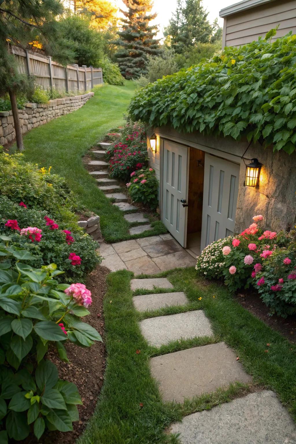 A welcoming pathway adds charm and guides visitors to the basement entrance.