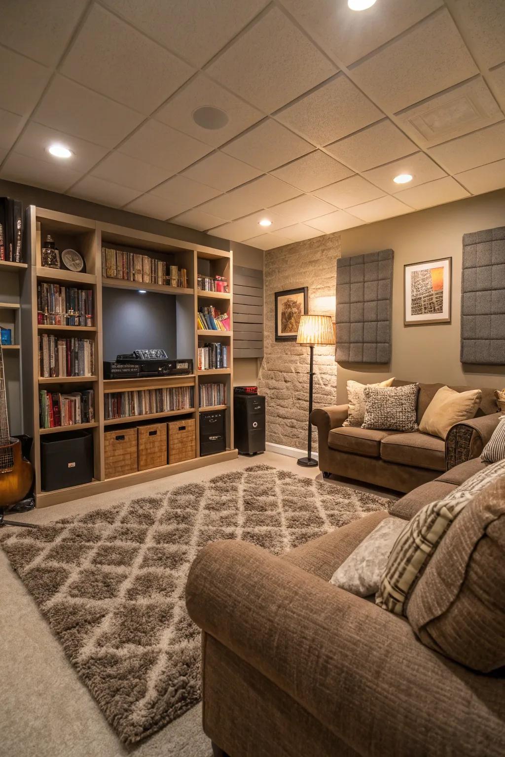 Sound-dampening enhances the tranquility and comfort of this basement family area.