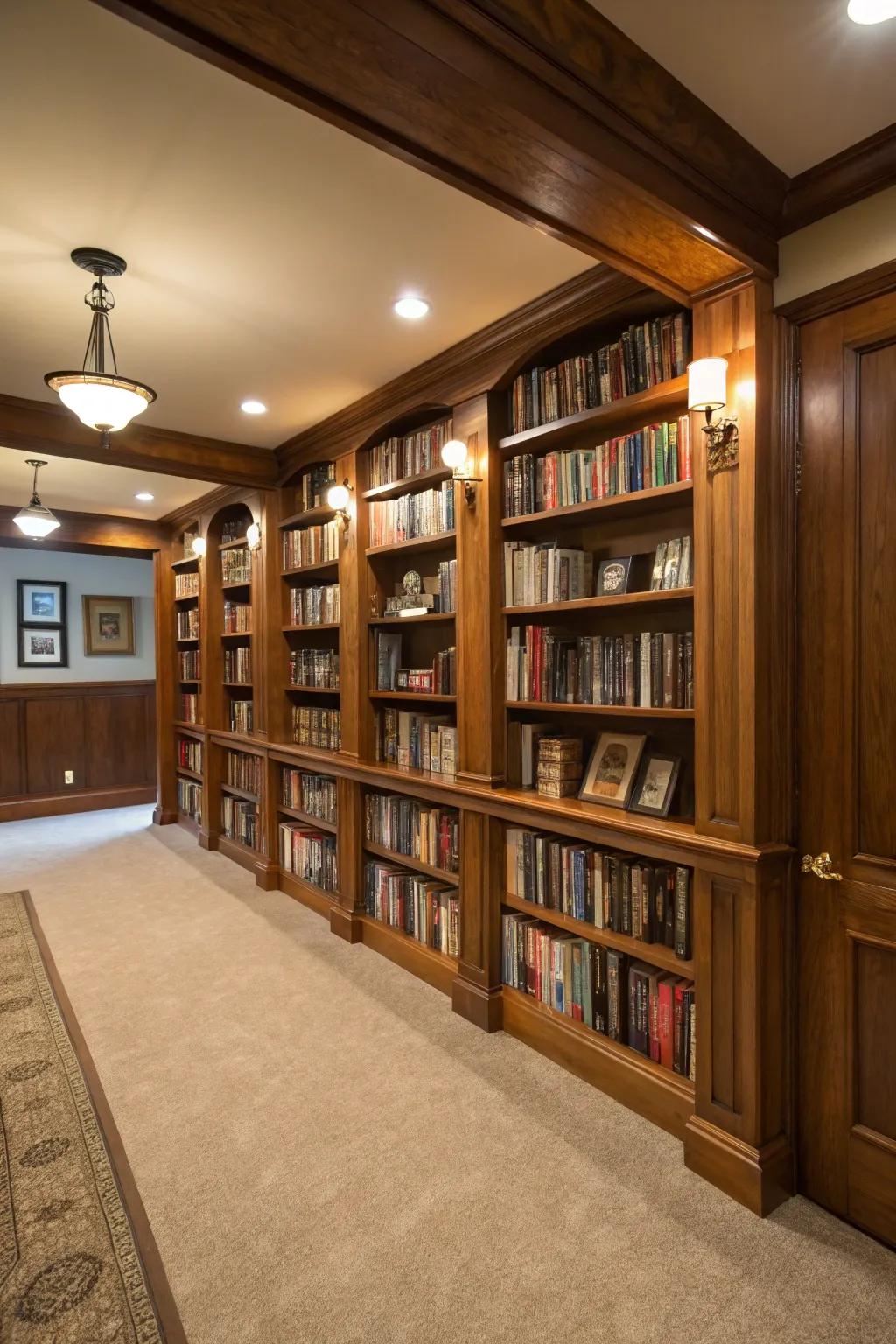 A stylish basement library with warm woods and cozy reading spots.