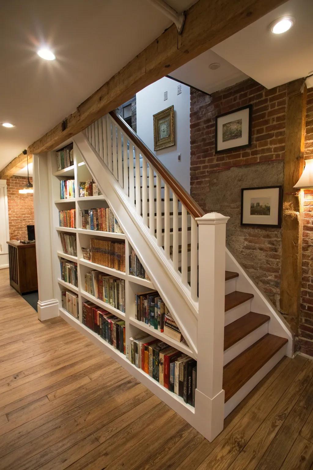 Railings made of bookshelves combine practicality with individual flair.